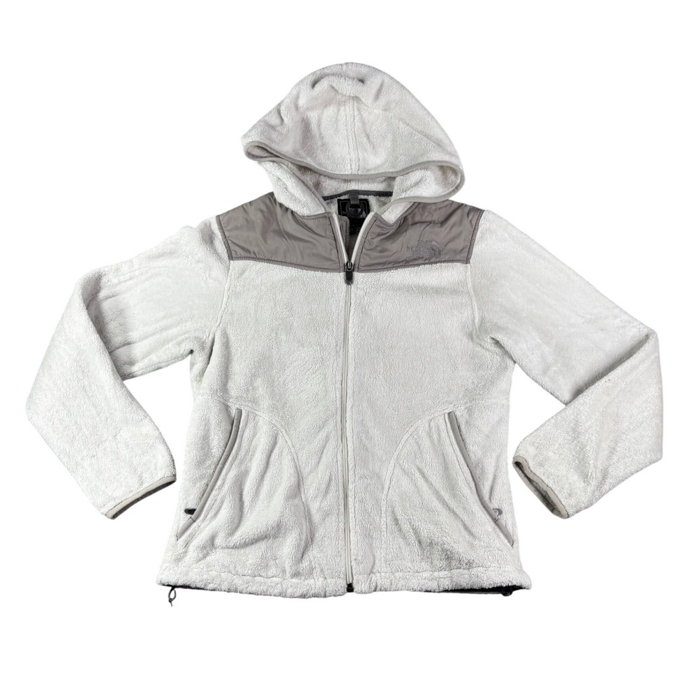 The North Face Womens M Denali Fleece Jacket Hooded Cream White Grey Full Zip